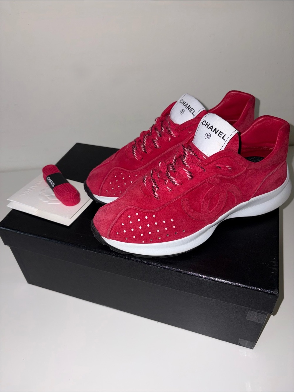 Chanel Red Suede Sneakers